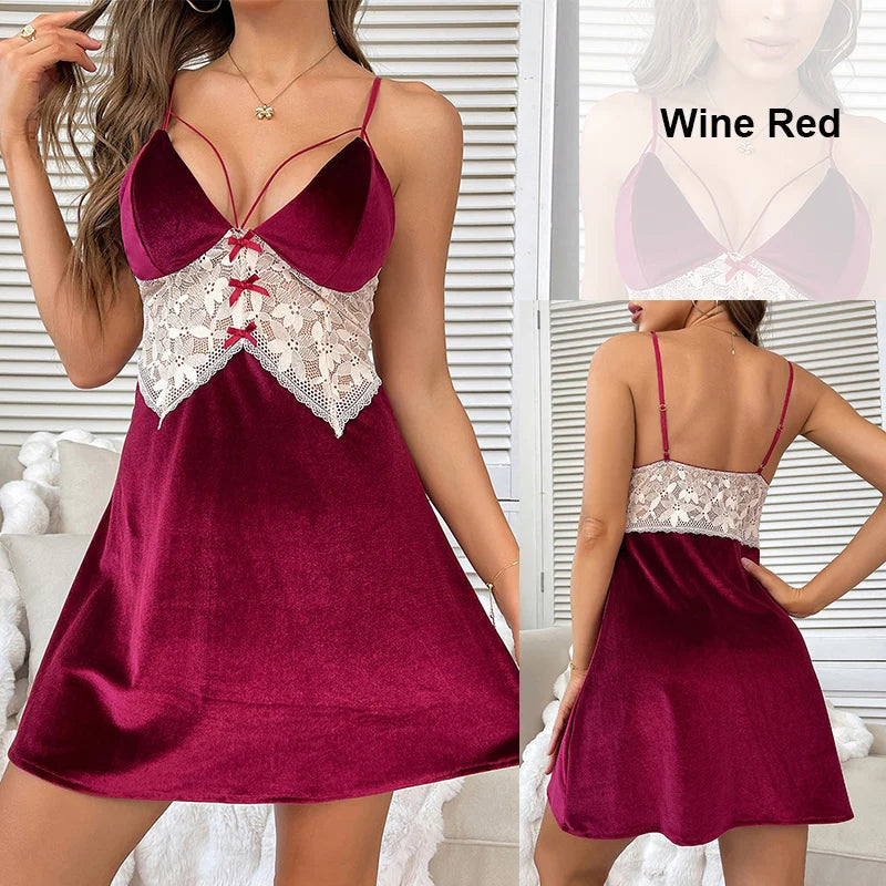 Wine Red Velvet Lace Nightgown – Sexy Backless Slip Dress