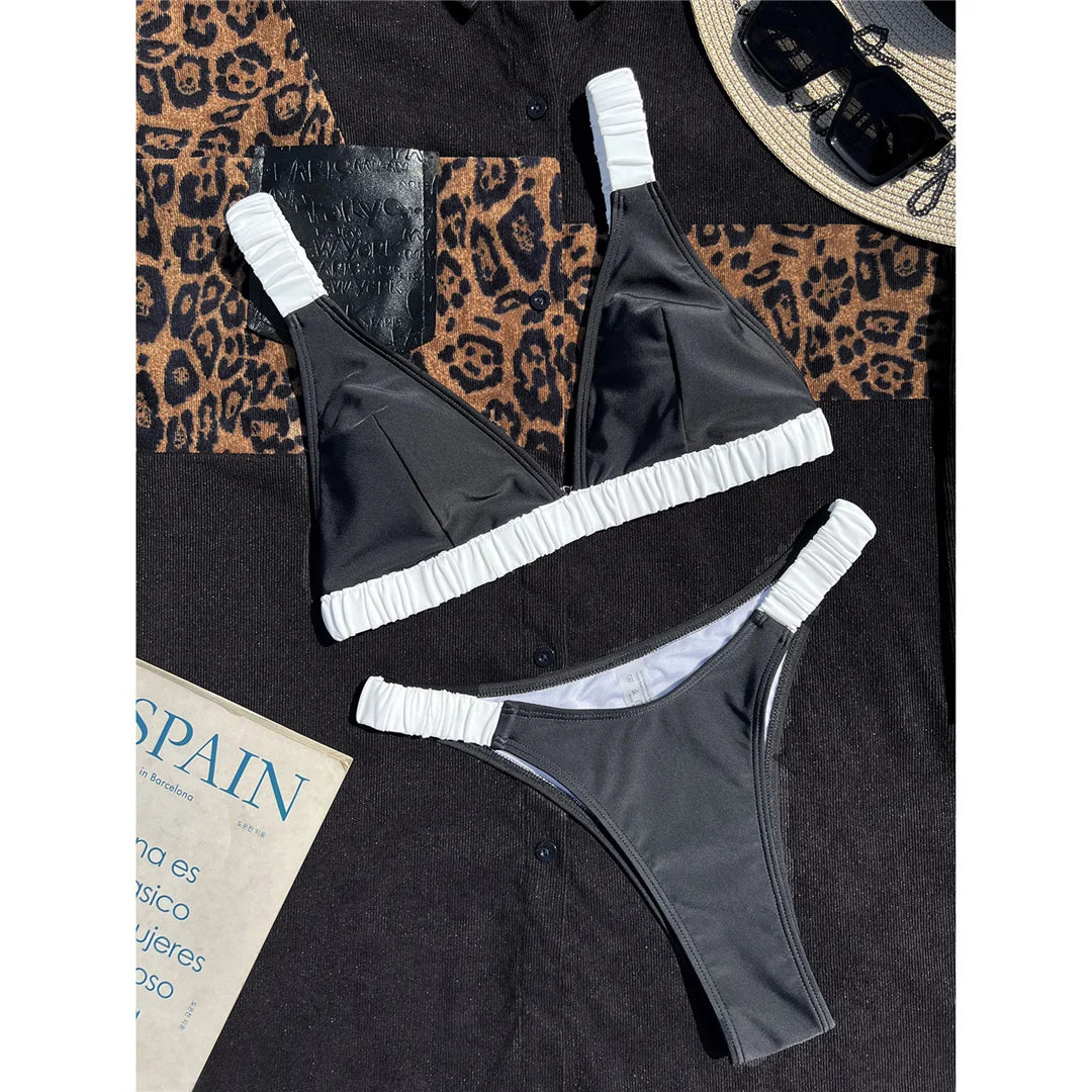 V-Neck Splice Bikini Set – High-Leg Cut 2-Piece Padded Swimsuit