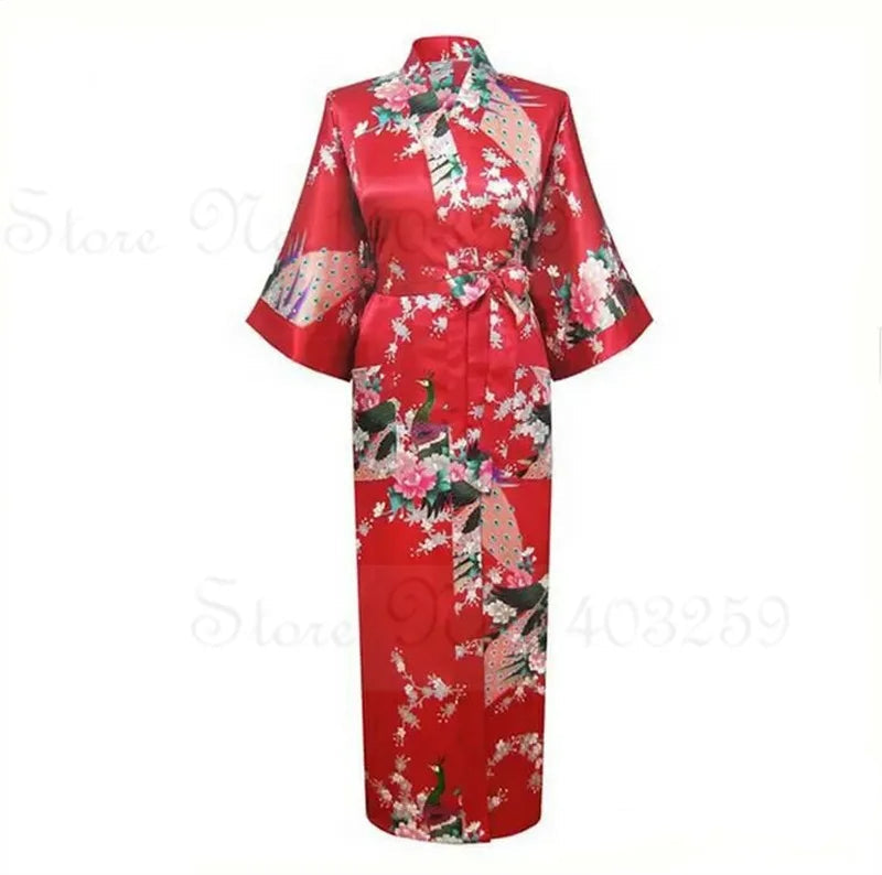 Red floral kimono with a pocket on a white background