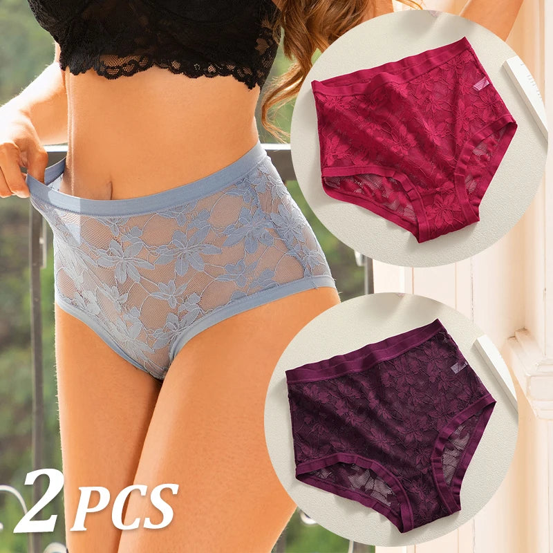 Woman wearing lace underwear with inset images of red and purple underwear on a white background.