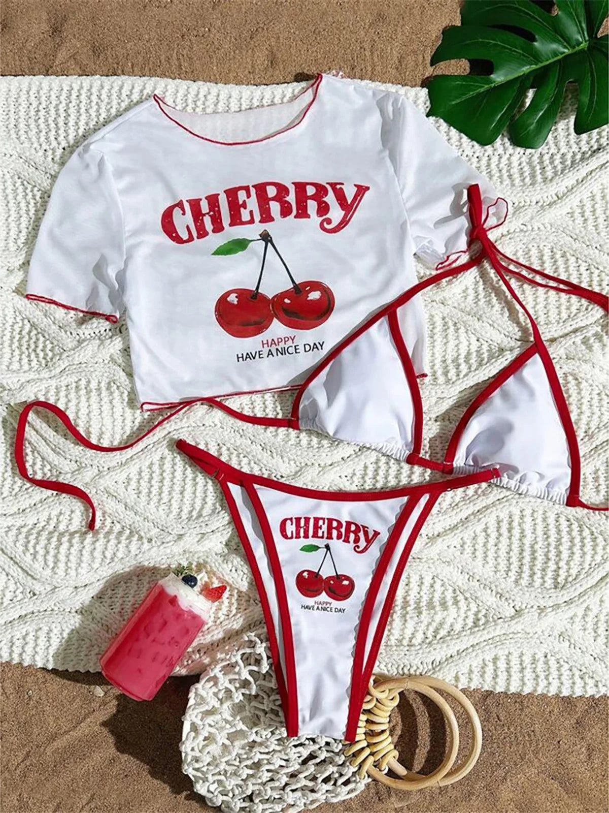 Cherry Print 3-Piece Bikini Set
