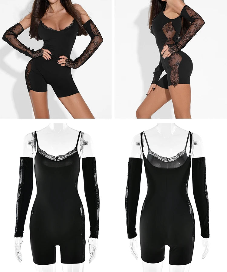 Black lace bodysuit with long sleeves on a white background