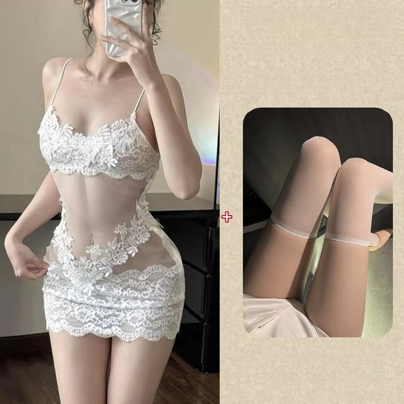 Woman wearing a white lace lingerie set with an inset showing sheer stockings.