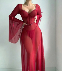 Sheer Corset Lingerie Dress – Flare Sleeve Fantasy Nightwear