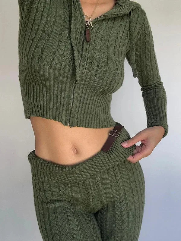 Women's Zipper Crop Hoodie & Flare Pants Set