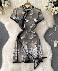 Chinese-Style Embroidered Sheer Lingerie Night Dress – Slim & Sexy