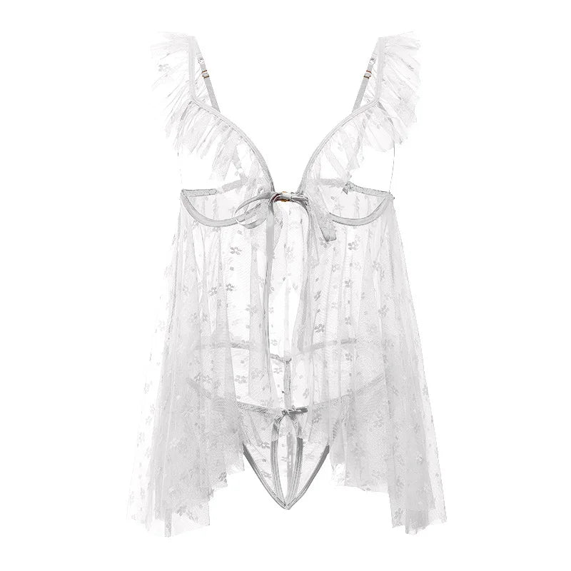 Translucent lace lingerie set on a white background