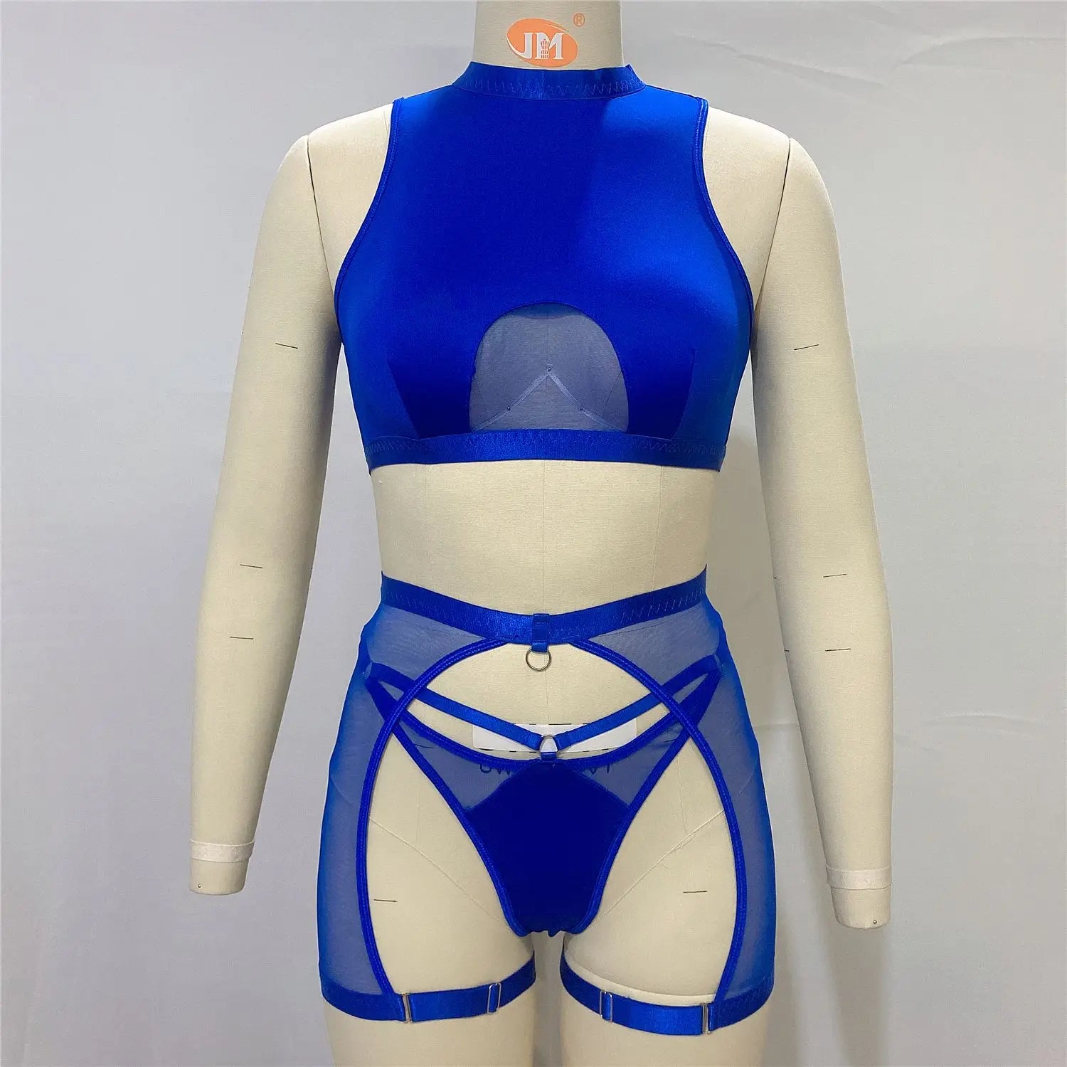 Blue sheer top and shorts set on a mannequin against a gray background