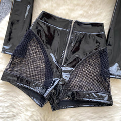 Sexy PU Leather Biker Set – Hollow-Out Shorts & Long-Sleeve Crop Top