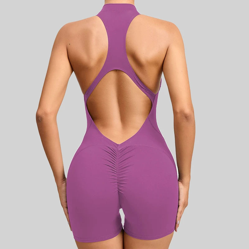 Women’s V-Back Scrunch Sports Jumpsuit – Zipper One-Piece