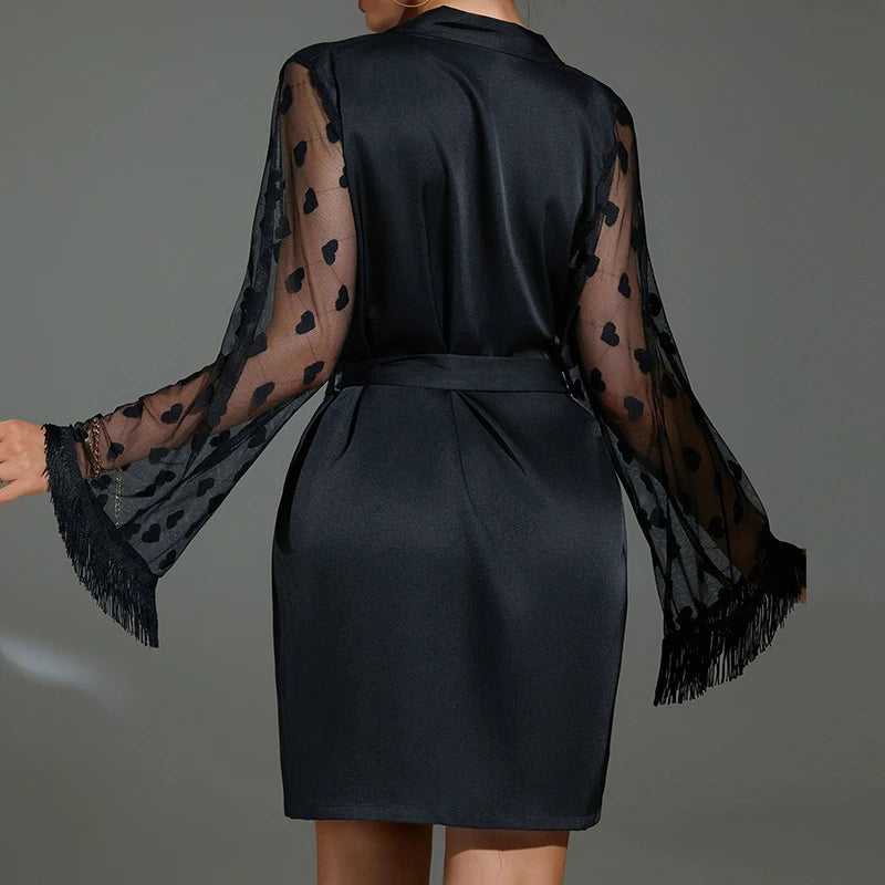 Elegant Silk Nightgown with Heart Mesh Sleeves – Luxury Sleepwear & Robe