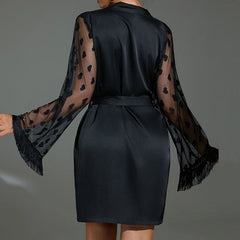 Elegant Silk Nightgown with Heart Mesh Sleeves – Luxury Sleepwear & Robe