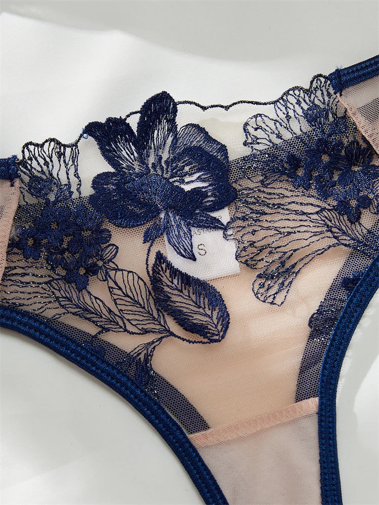 Embroidered Mesh Lingerie Set – Transparent 3-Point Intimate Bra & Panty