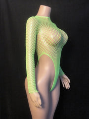 Women Fishnet High Cut Long Sleeve Bodysuit