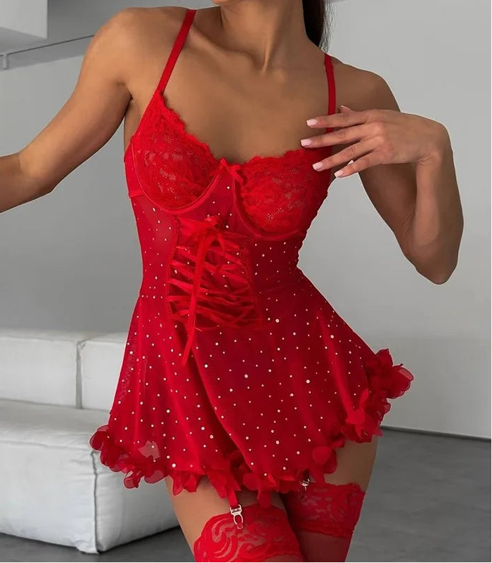 Red lace lingerie set with 'TOUCHEART' branding on a neutral background