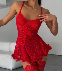 Red lace lingerie set with 'TOUCHEART' branding on a neutral background