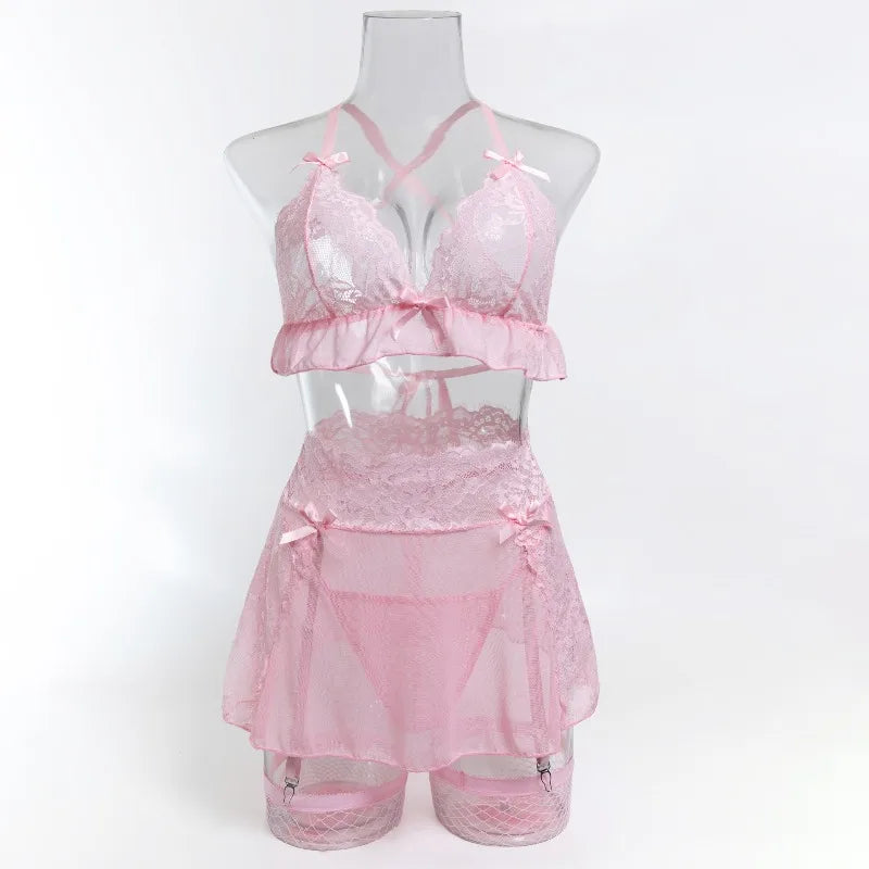 Pink lace lingerie set on a mannequin against a white background