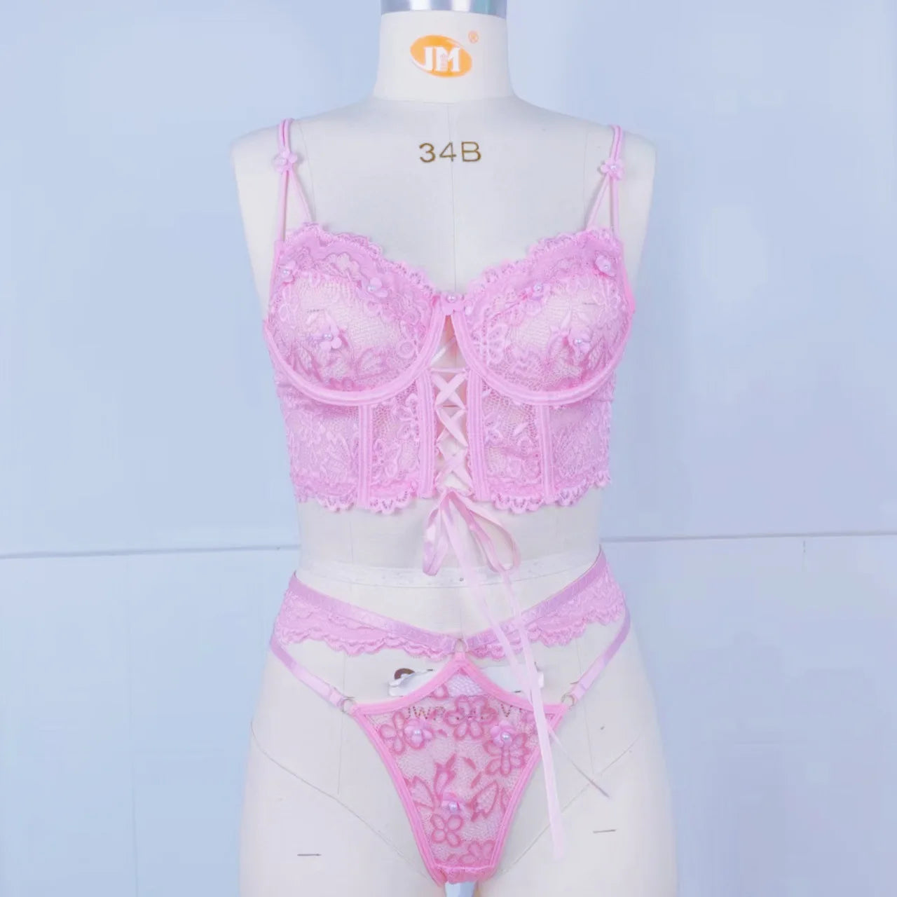 Sexy Lace Bra Set with Beaded 3D Flowers & Underwire