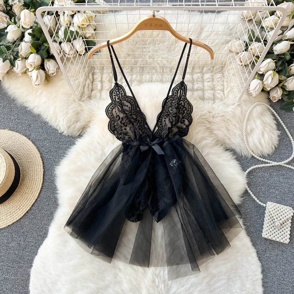 Sheer Lace V-Neck Shapewear Lingerie Dress