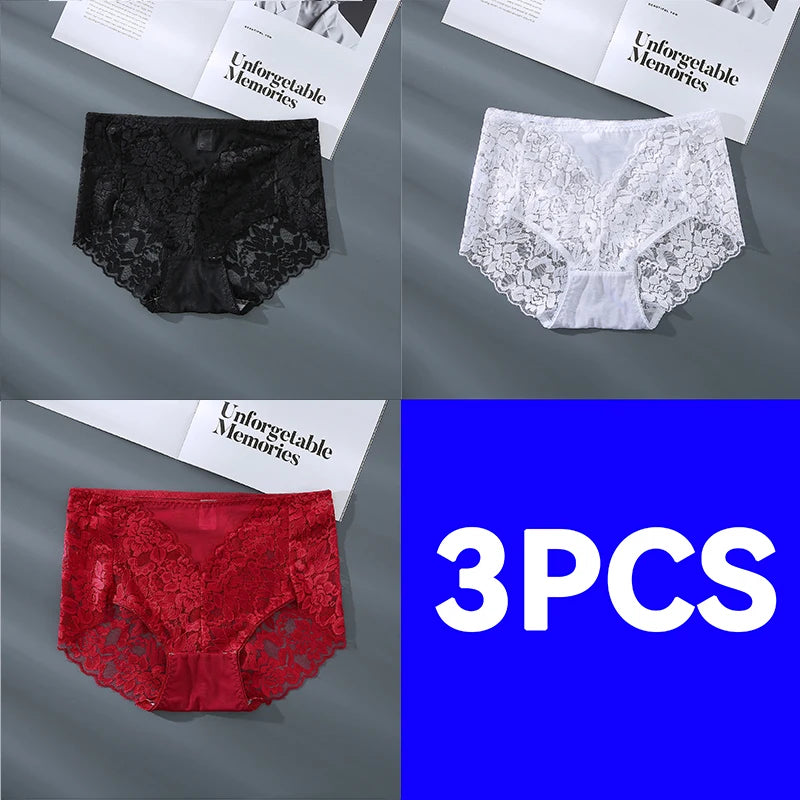 Three pairs of lace women's briefs shown in a 2x2 collage: black on the top left, white on the top right, and red on the bottom left, each styled with a magazine page. A large blue panel on the bottom right reads '3PCS' in white text.