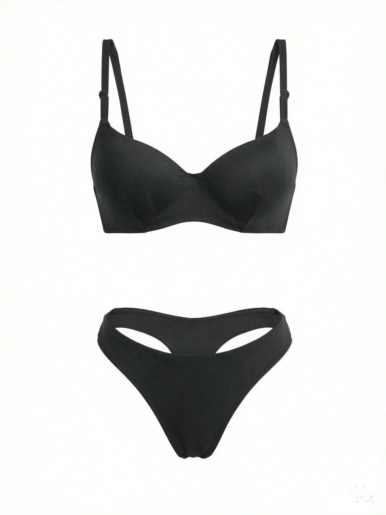 A two-piece black bikini set featuring a solid underwire bra top with adjustable shoulder straps and matching high-cut bikini bottoms with side cutouts, displayed against a solid white background.