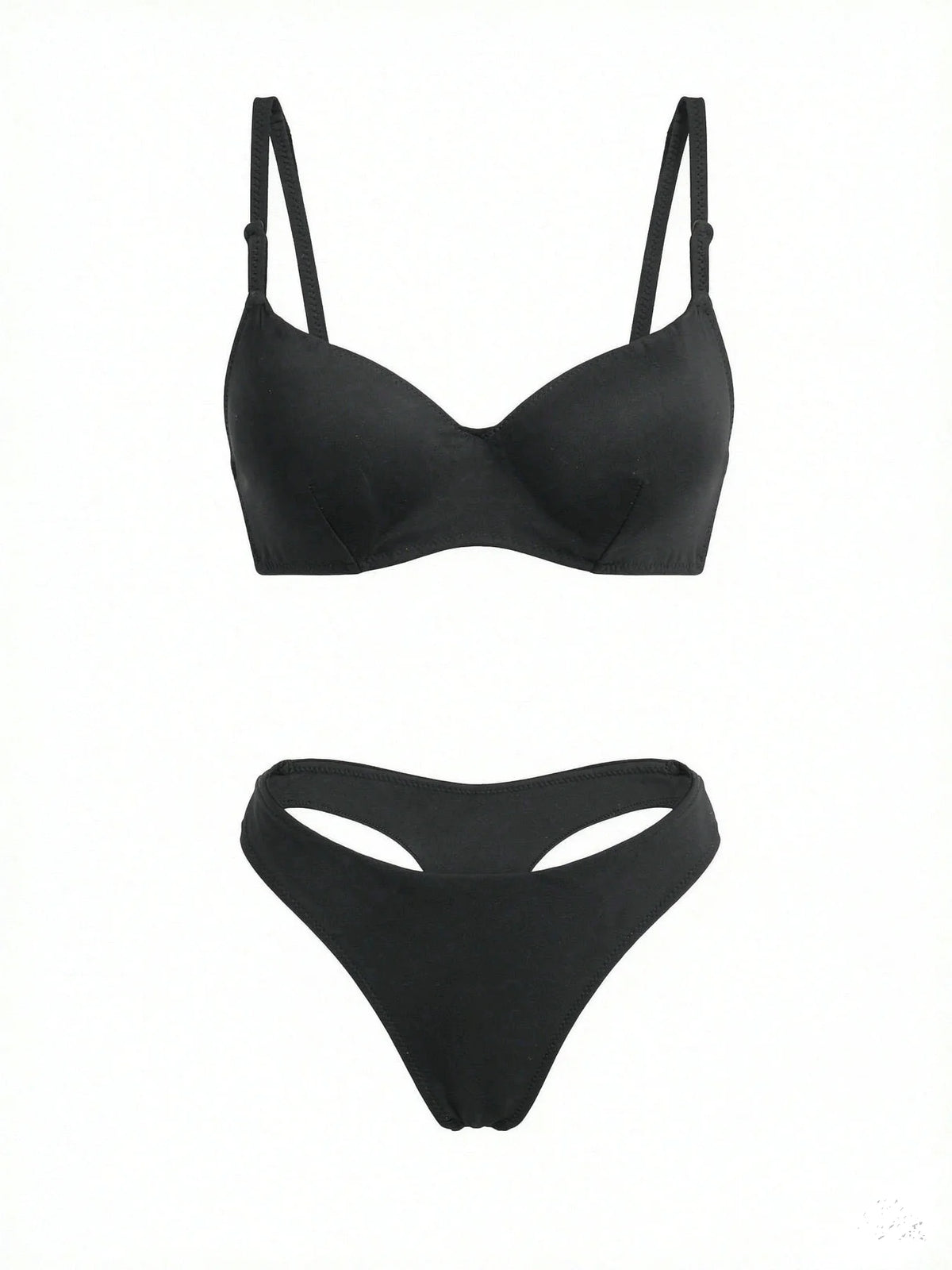 A two-piece black bikini set featuring a solid underwire bra top with adjustable shoulder straps and matching high-cut bikini bottoms with side cutouts, displayed against a solid white background.