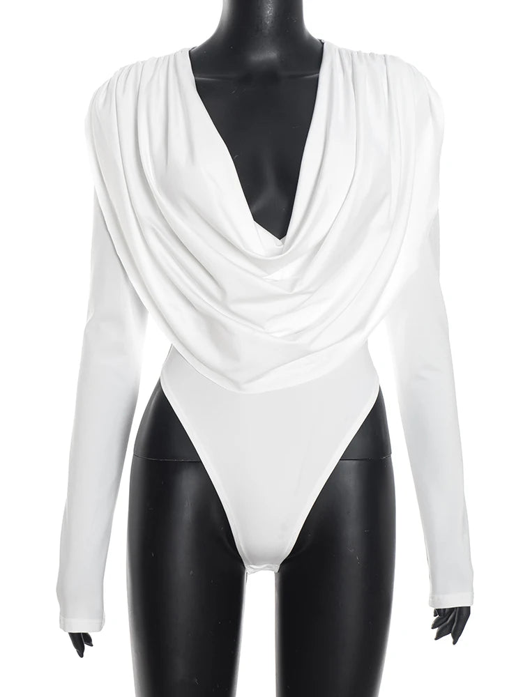 White bodysuit with long sleeves on a mannequin against a white background