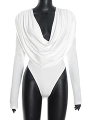 White bodysuit with long sleeves on a mannequin against a white background