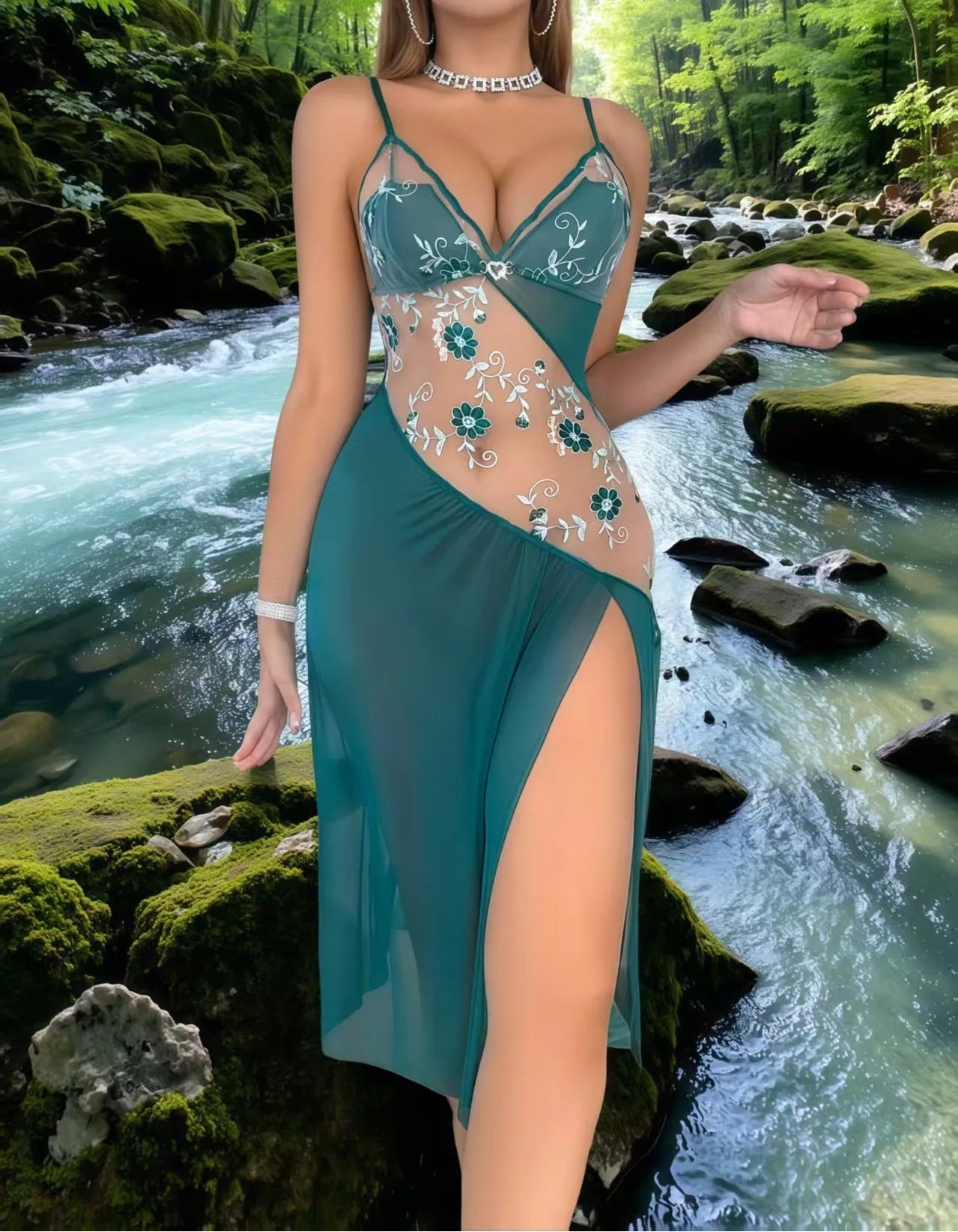 Woman in a teal dress with floral embellishments standing by a stream in a forest.