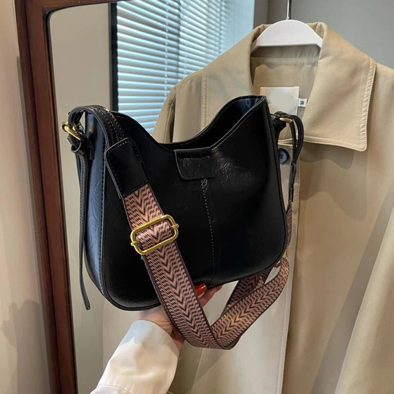 Retro Textured Bucket Hobo Bag – Wide Strap Crossbody