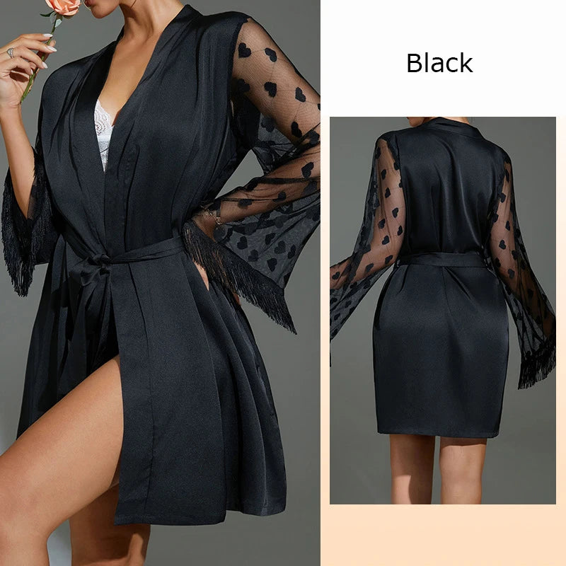 Elegant Silk Nightgown with Heart Mesh Sleeves – Luxury Sleepwear & Robe