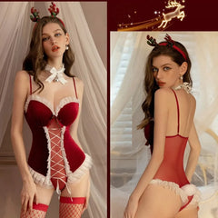 Woman wearing a red lingerie set with Christmas headband in two views.