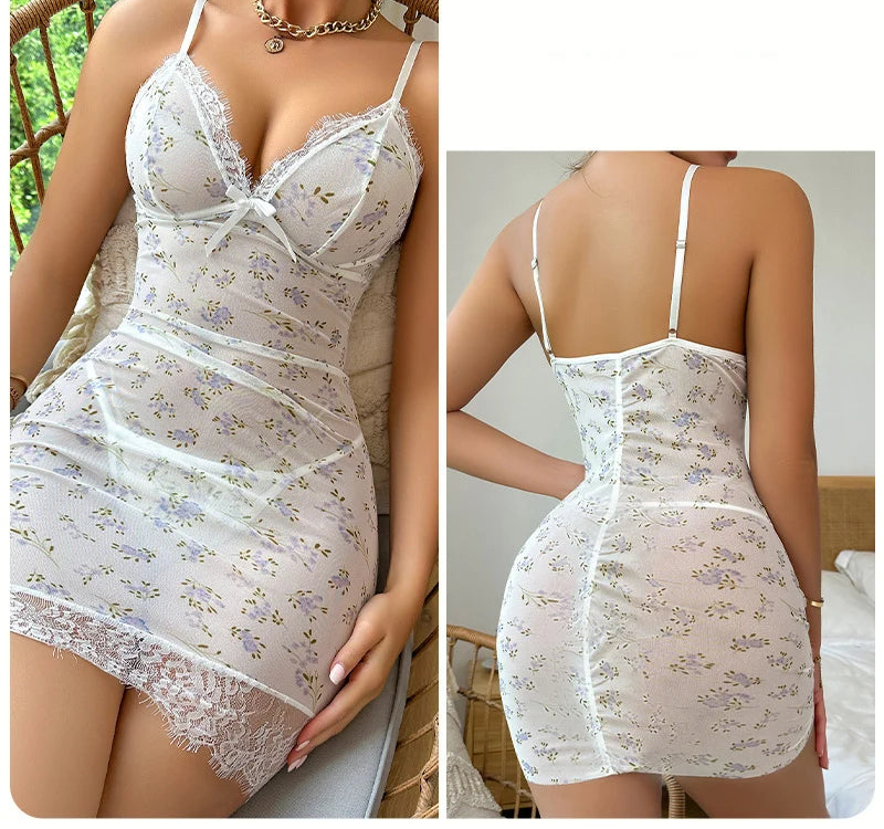 White lace nightgown with floral patterns on a neutral background