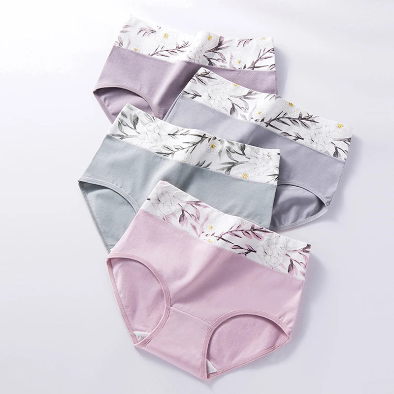 4 Set of women's underwear with floral patterns on a light gray background