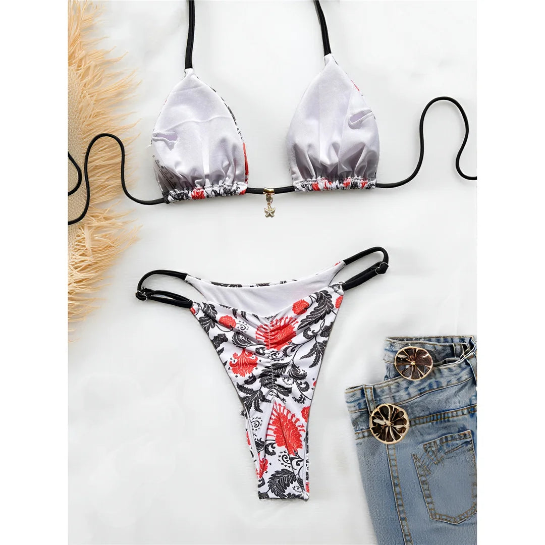 Printed Halter Bikini Set – High Leg Padded Two-Piece Swimsuit