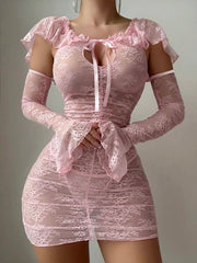 Ruffled Lace Babydoll Lingerie Set with Long Gloves – Sexy Nightwear