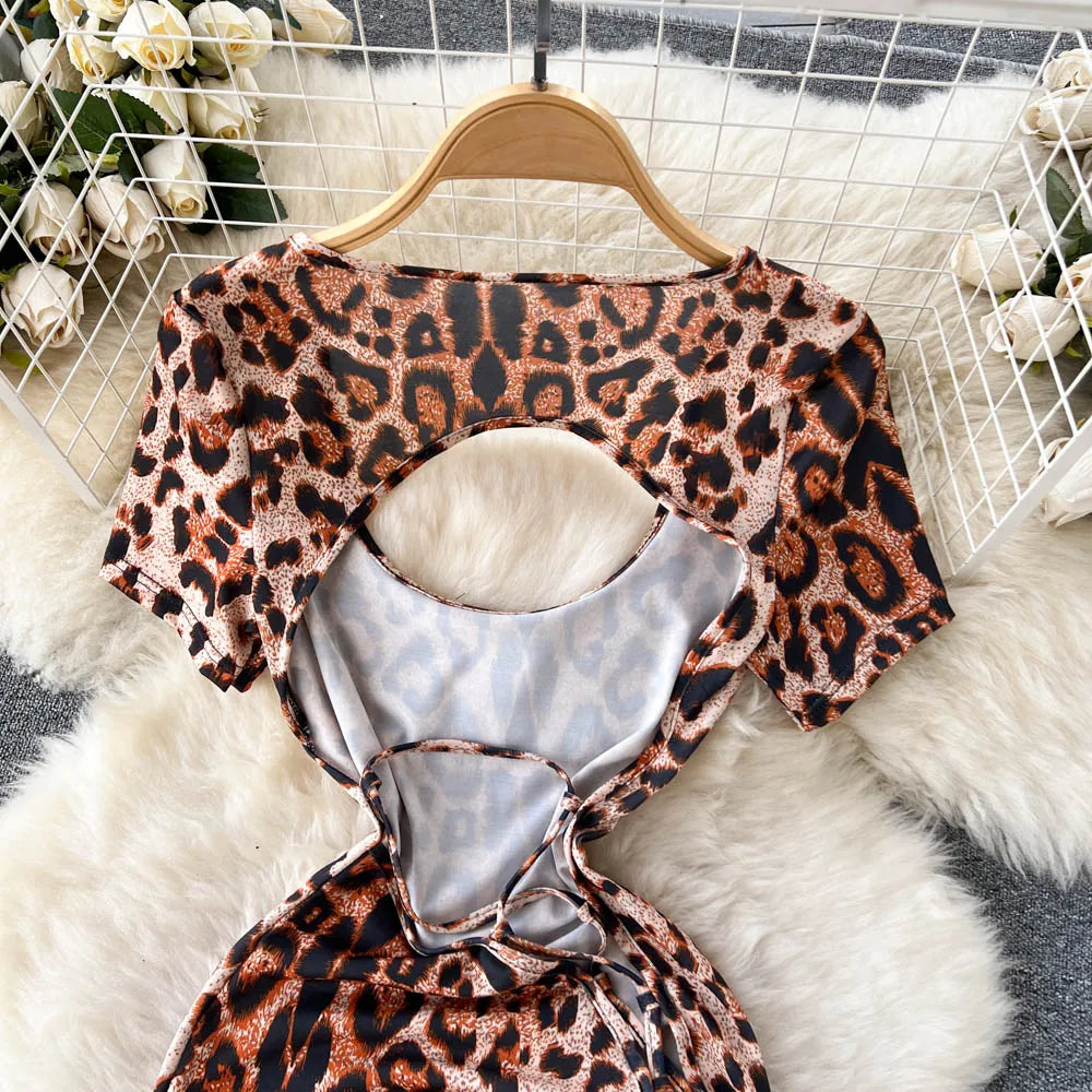 Leopard Print Lace-Up Night Dress – Sexy Slim-Fit Short Sleeve Lingerie