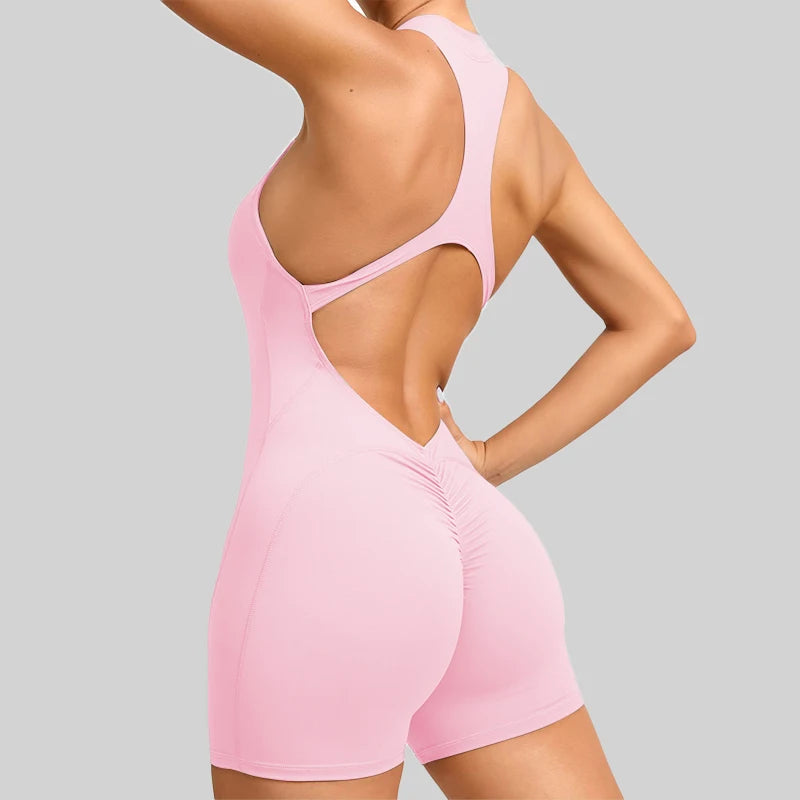 Women’s V-Back Scrunch Sports Jumpsuit – Zipper One-Piece