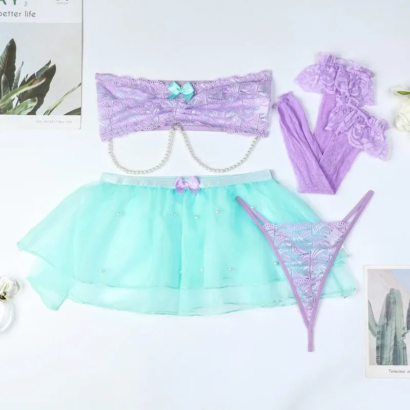 Sexy 4-Piece Beaded Lingerie Set – Colorful Mesh & Tutu Skirt
