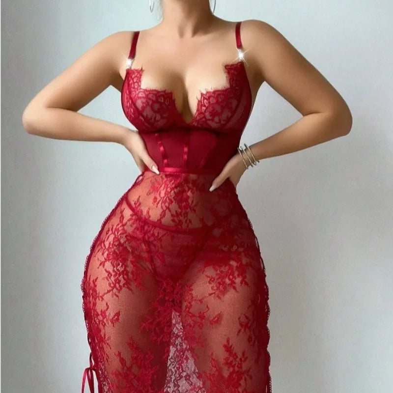 Red lace lingerie set on a plain background