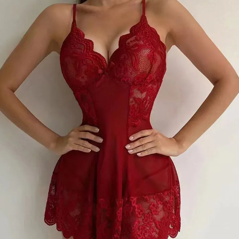 Red lace lingerie set on a plain background