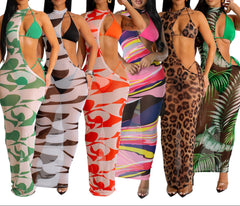 Seven women wearing colorful and patterned outfits on a white background