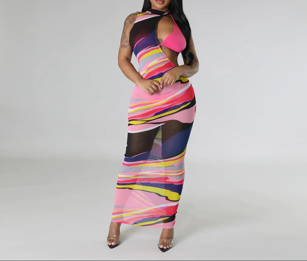 Woman wearing a colorful dress with a white background