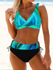 Woman wearing a colorful bikini set on a beach