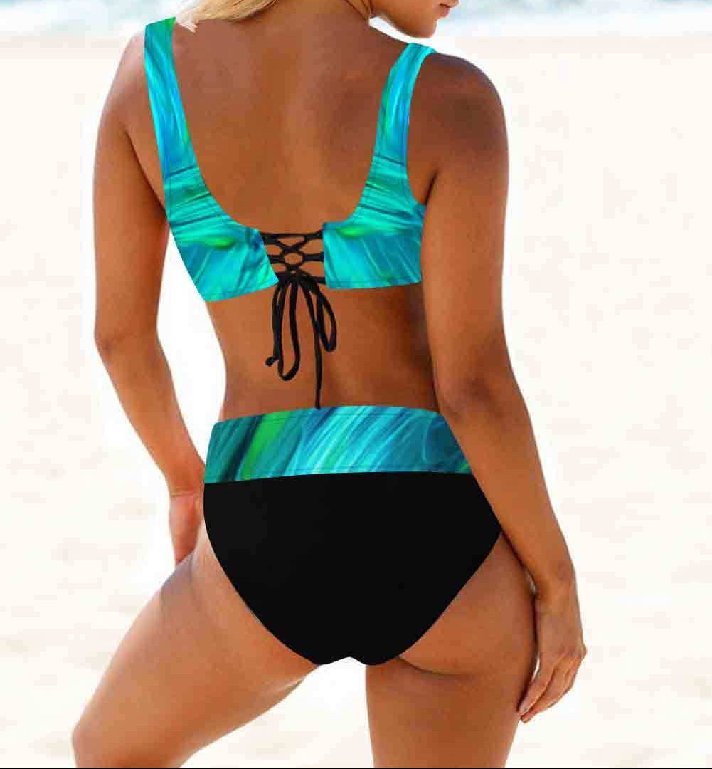 Woman wearing a colorful bikini on a beach