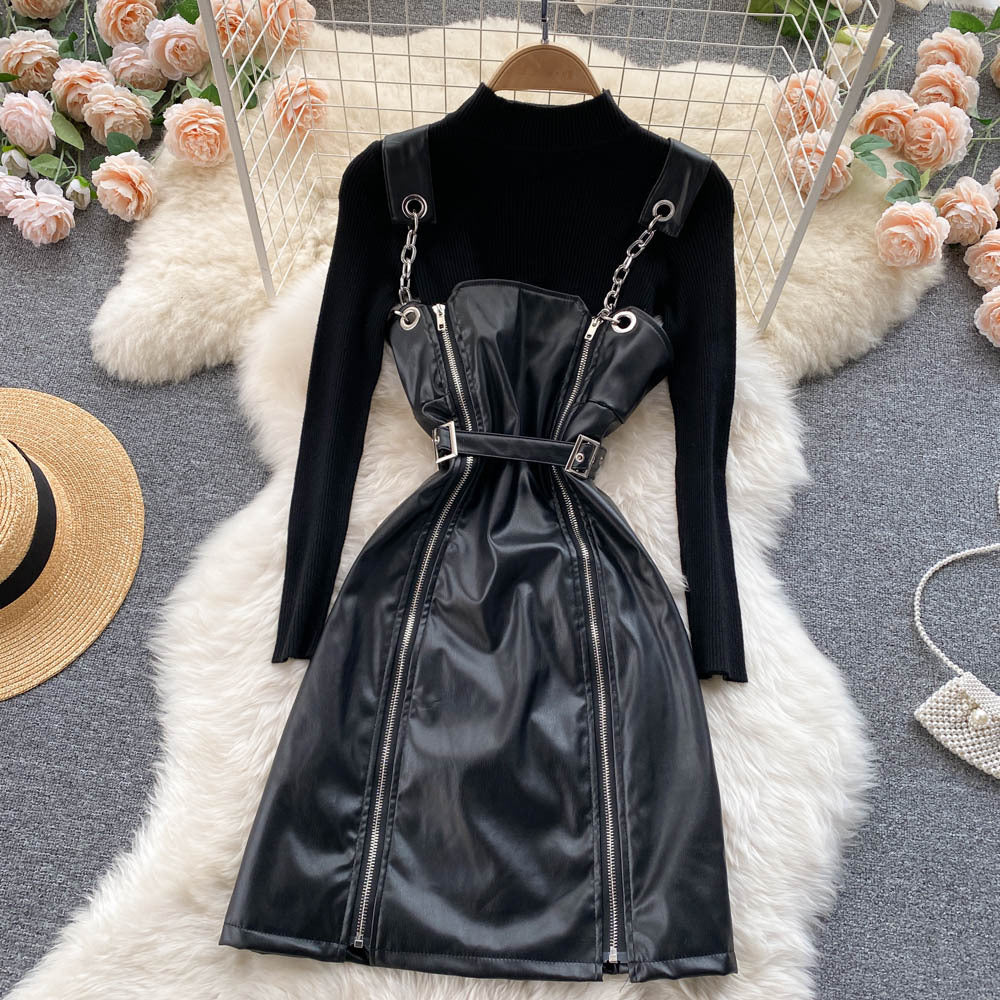 Chic Leather Skirt Knitted Set-