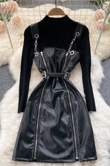 Chic Leather Skirt Knitted Set-