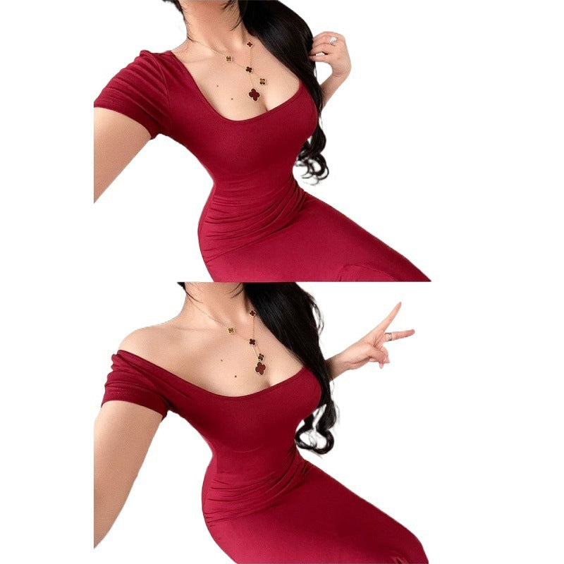 Red dress worn by a model on a white background