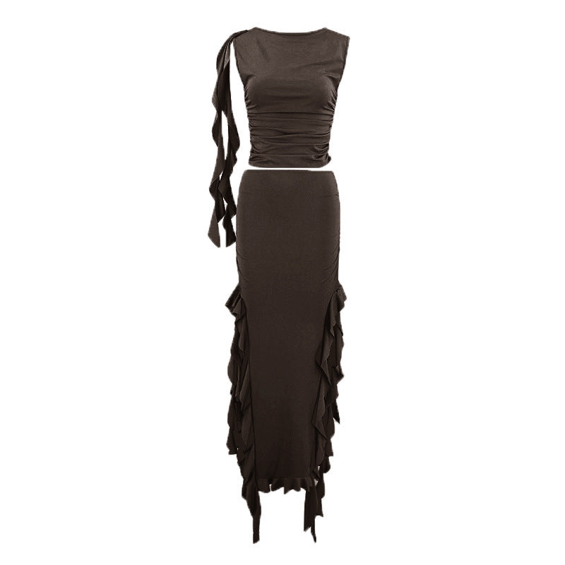 Brown ruched top and skirt set on a white background