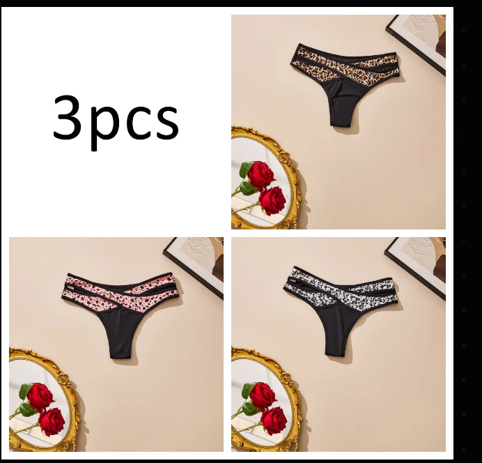 Three-piece leopard print thong pack in black, pink, and white